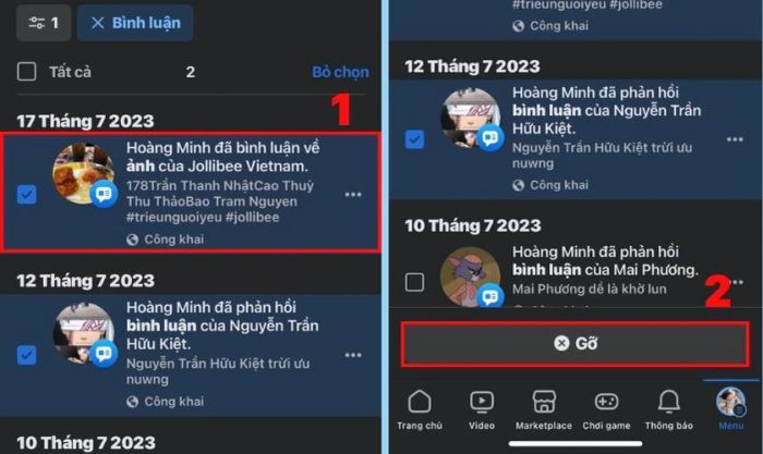 Chọn dấu tích vào từng mục riêng lẻ để xóa bình luận