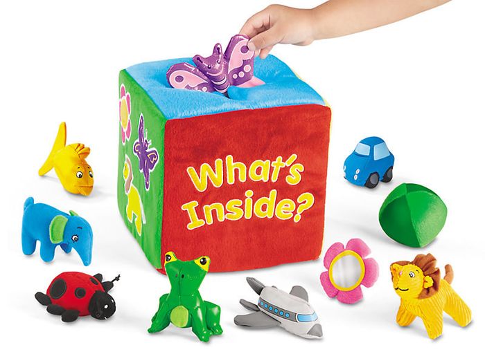 A soft box surrounded by ten tiny toys ready for exploration.