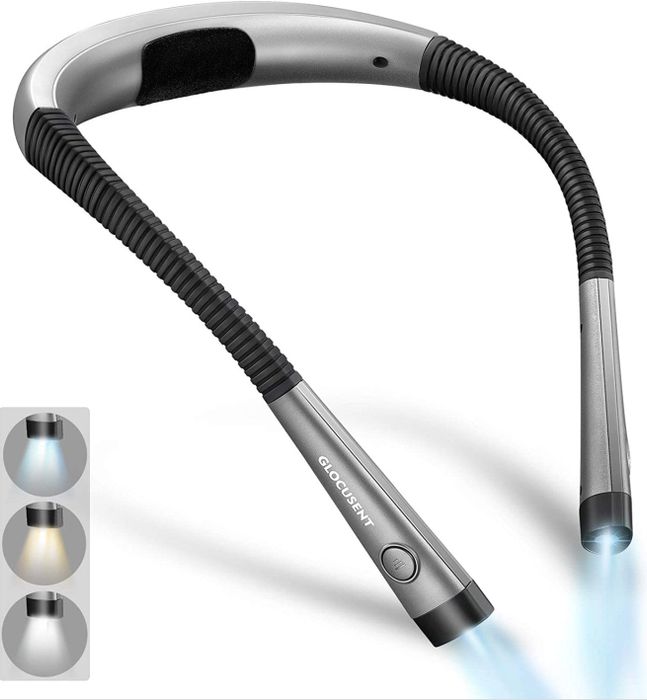 The neck reading light with its three adjustable settings, displayed on the left side of the image.