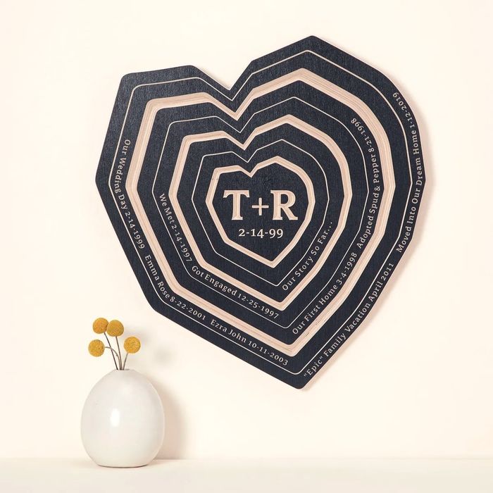 A heart-shaped wooden plaque engraved with