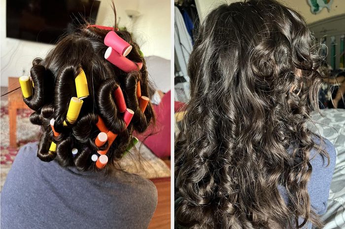 Foam curling rods in a child's hair, followed by an after photo showcasing the gorgeous curls they create