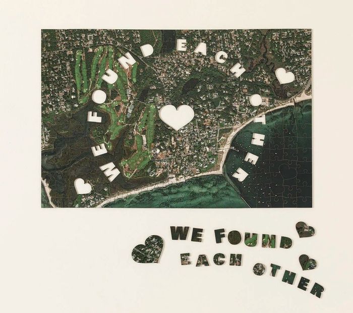A puzzle featuring an aerial view and a completed message that reads,