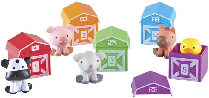 Five colorful barns with detachable roofs and animal figures.