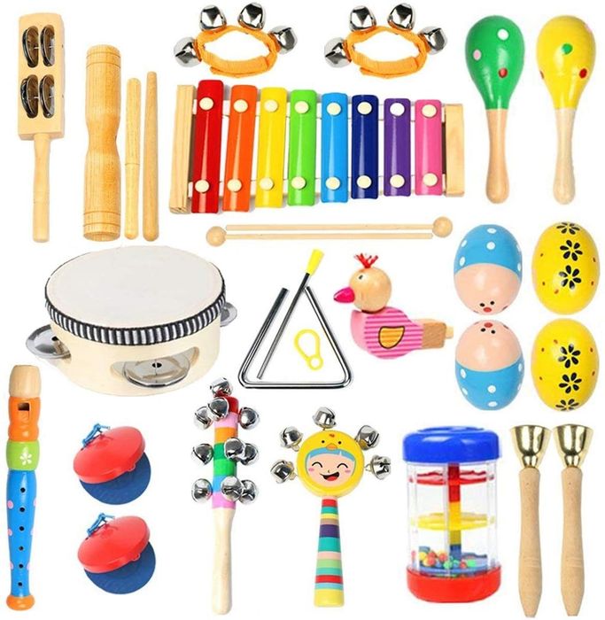 An assortment of colorful wooden musical instruments.