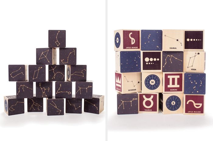 Side-by-side images showcasing a set of wooden blocks depicting various constellations and their positions across the night sky.