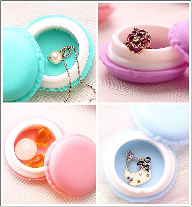 Macaron boxes in a variety of colors, holding items like jewelry and pills