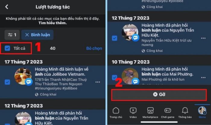 Chọn dấu tích vào ô Tất cả và nhấn nút Gỡ để xóa