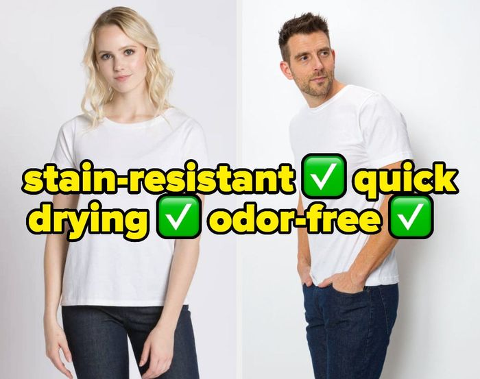 model wearing a white tee; another model also in a white tee