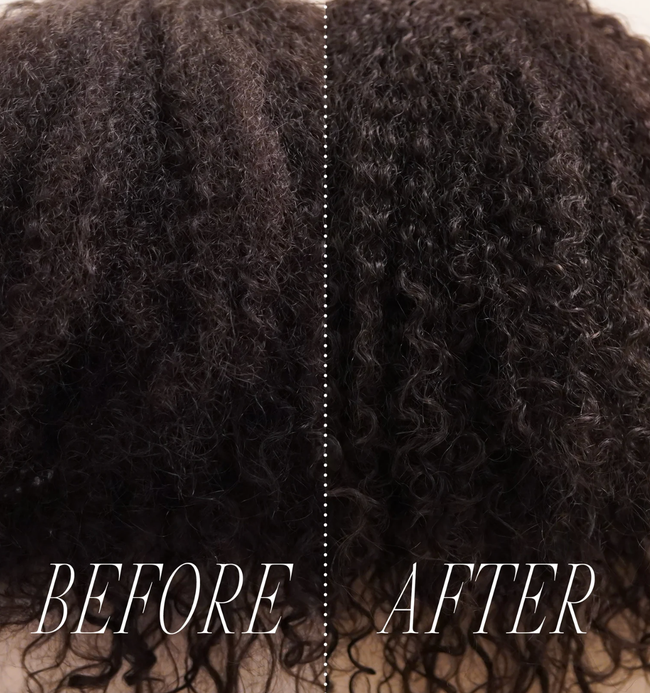 A before and after transformation featuring the shampoo bar on a model.