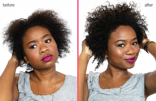 A model's before and after showcasing the effects of the leave-in hair mask.