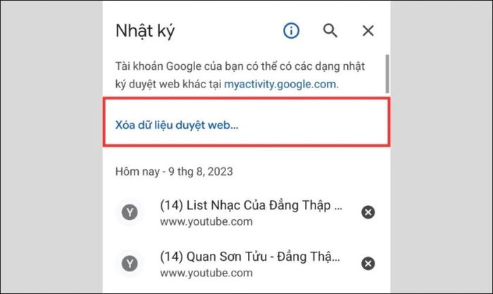Chọn mục để xóa dữ liệu duyệt web