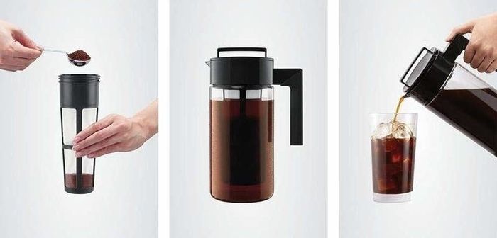 on the left, coffee grounds being added to a filter; in the middle, cold brew steeping in the pitcher; on the right, cold brew being poured into a glass