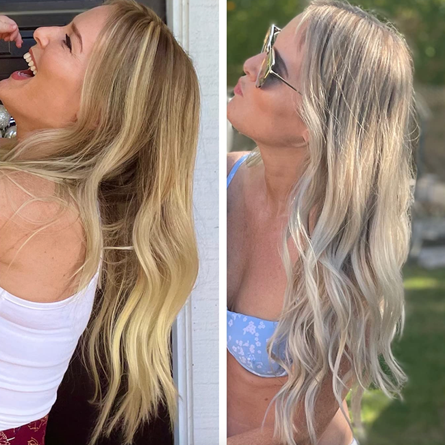 A reviewer's transformation is displayed, with their hair transitioning from a yellow tone to a significantly less brassy shade.
