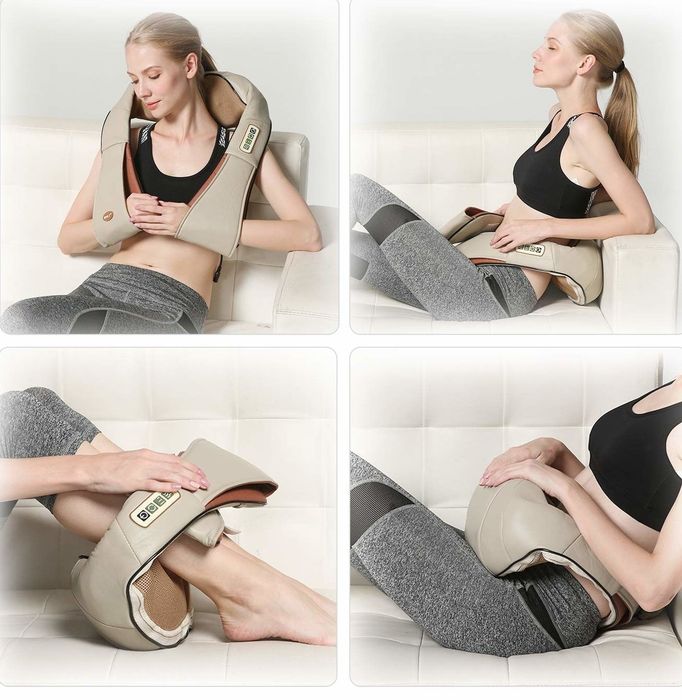 A model using the massager, with arms and loops on the ends, on their shoulder, lower back, calves, and stomach.