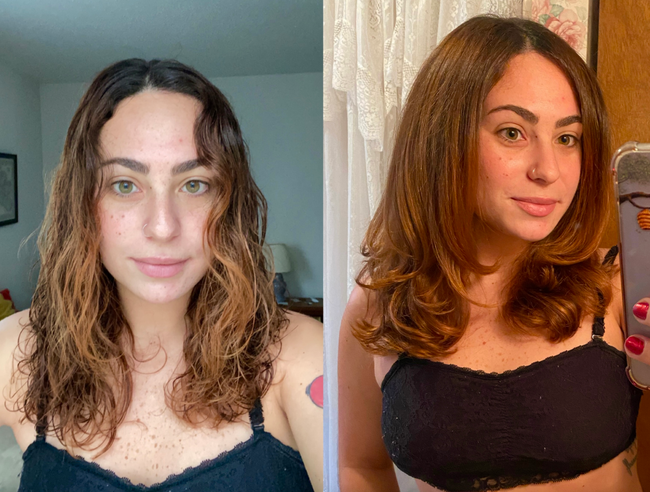 A reviewer showcasing their hair looking like it was styled by a professional after using the blow-dry brush.