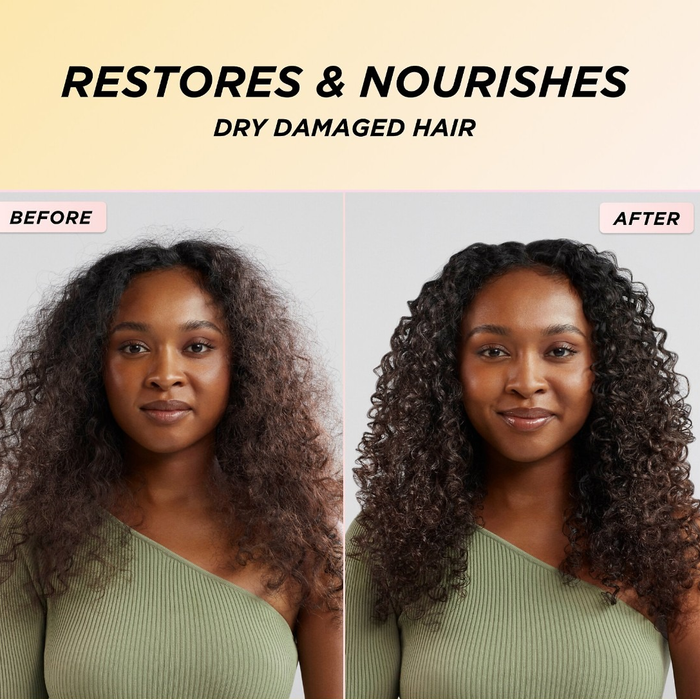 A before and after photo of a model with curly hair showing the effects of the oil