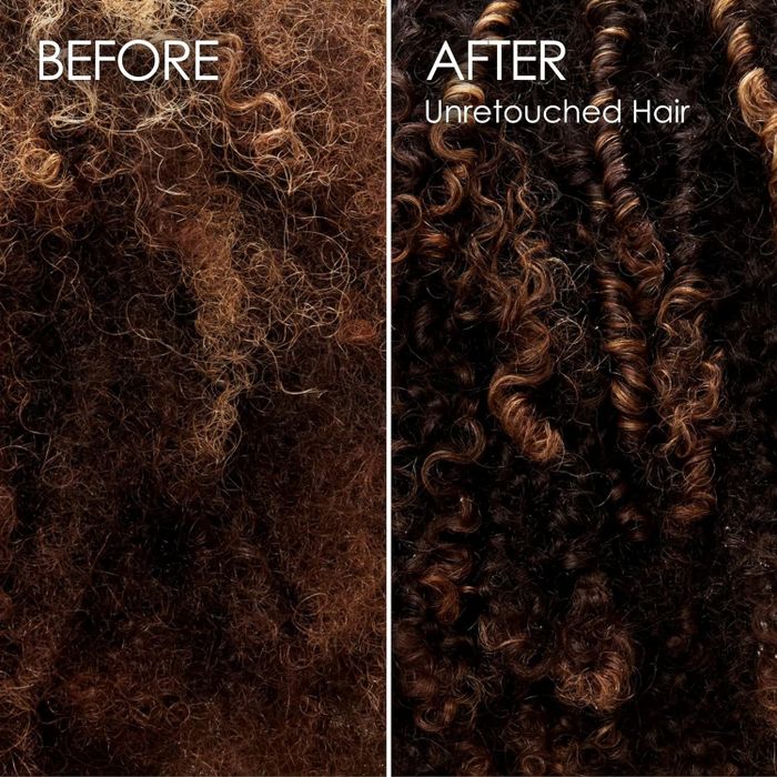 Before and after images showing the effects of the Olaplex No. 3 treatment on hair.