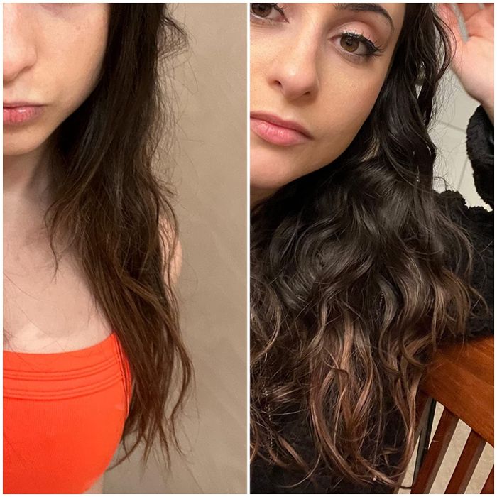 Before and after photos of a reviewer with fine, thin hair on the left, and voluminous, curly hair on the right after using the diffuser