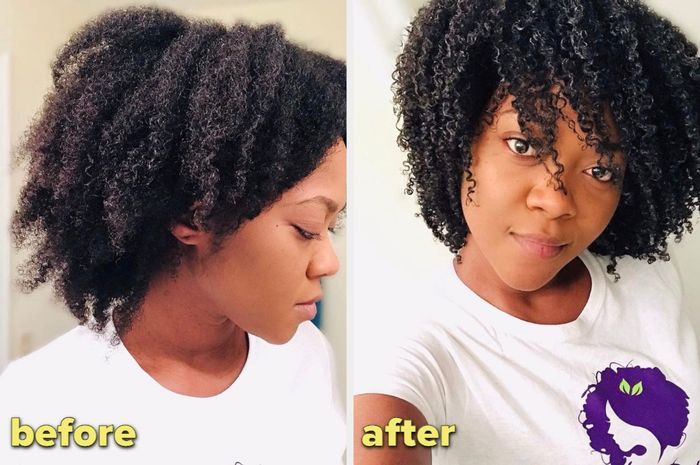 Left: before photo showing frizzy curls / Right: after photo with the same curls looking smooth, moisturized, and defined
