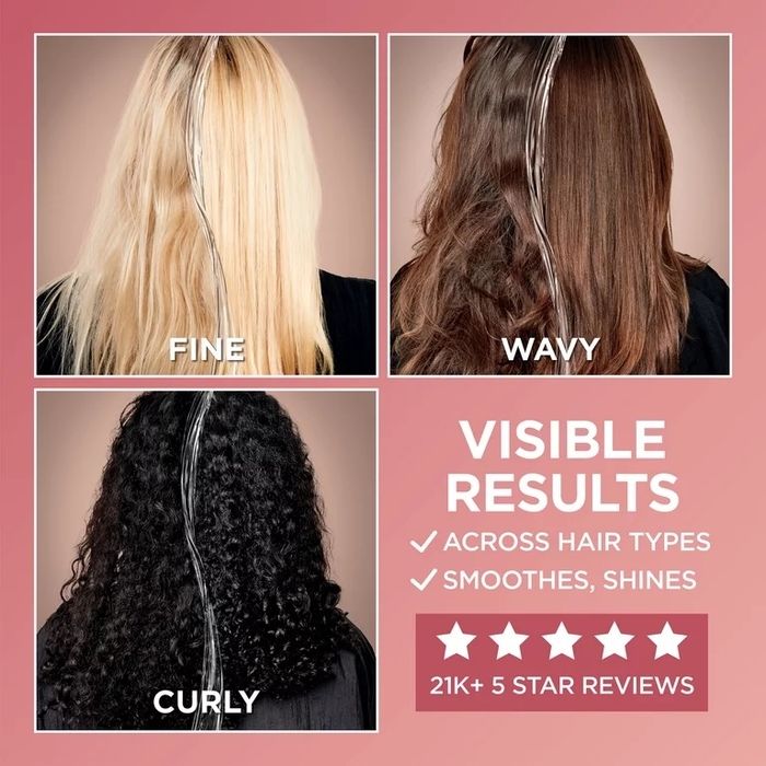 A before and after photo showing models with fine, wavy, and curly hair