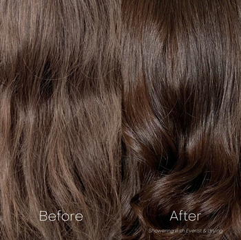 A model's hair transforms from frizzy and dull to smooth and shiny after using the concentrates.