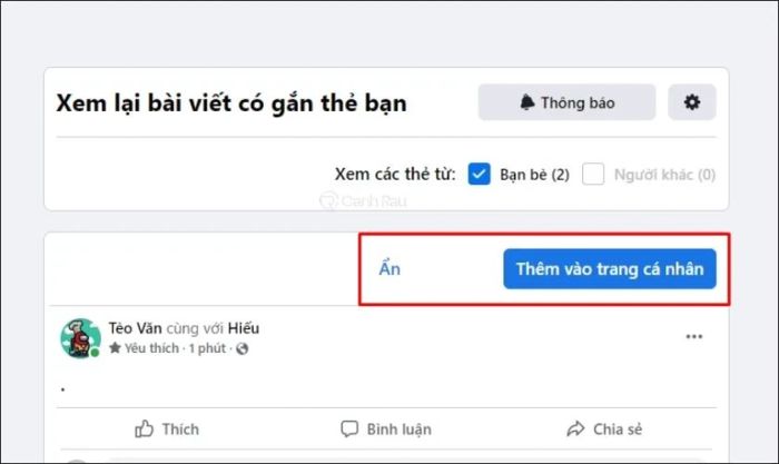 Nhấn vào Ẩn để chúng không xuất hiện trên trang cá nhân