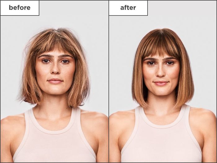 A model's before and after showing the effects of the leave-in conditioning spray.