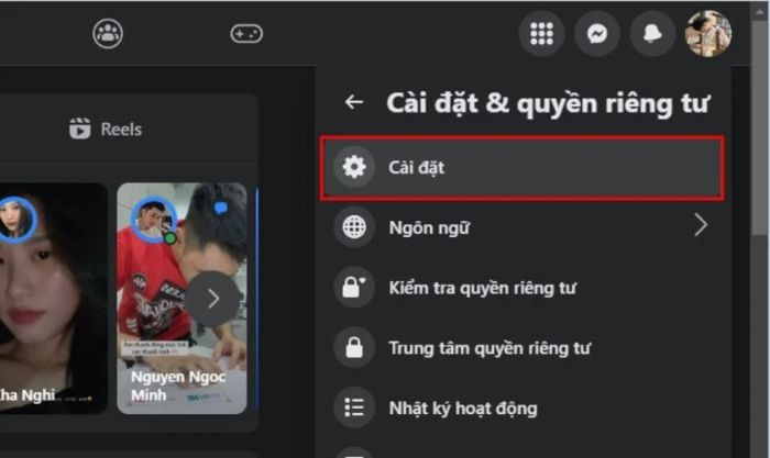 Chọn vào mục Cài đặt