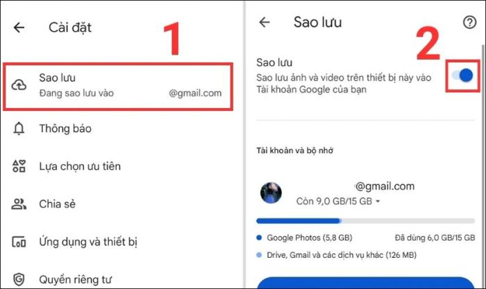 Kích hoạt sao lưu để lưu ảnh lên Google Photos