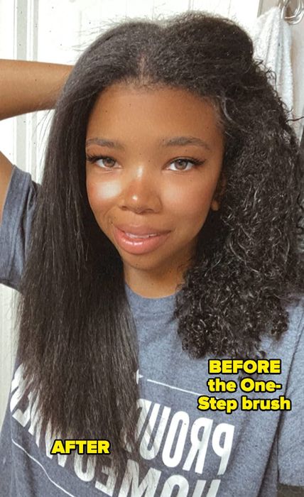 Reviewer showing tight curls on one side and sleek, straight hair on the other after using the dryer brush