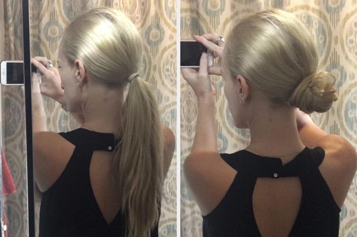 On the left, a reviewer wearing their hair in a ponytail; on the right, the same reviewer with their hair in a bun held by spin pins