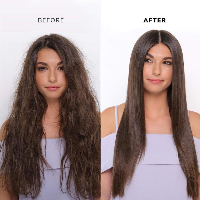 A model showing the results before and after using the Color Wow supernatural spray.