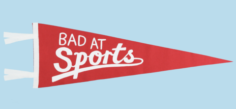a red pennant with white text that reads