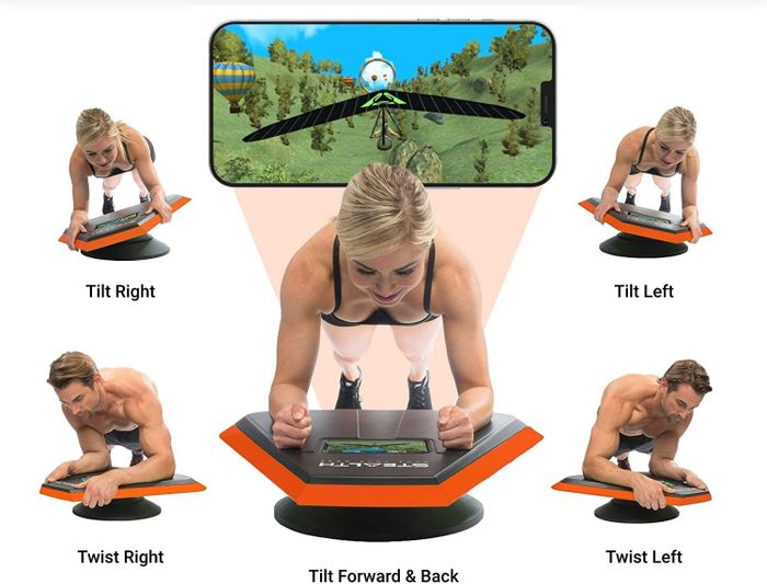 Models demonstrating how to tilt and twist on the trainer while following a game on a smartphone