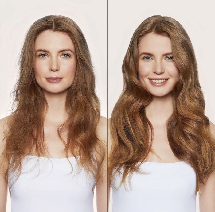 a model showing the difference before and after using the hair mask