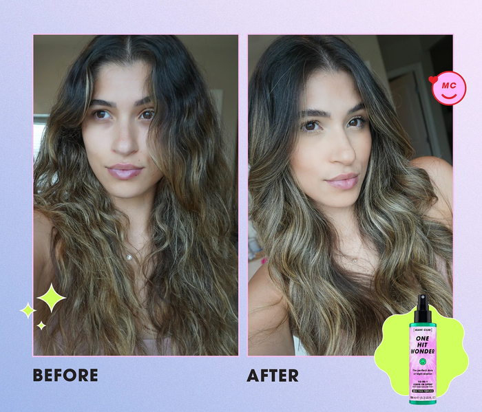 A before photo showing dry and frizzy hair on the left, and an after photo on the right showing smooth, frizz-free hair