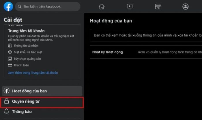 Chọn vào mục Quyền riêng tư