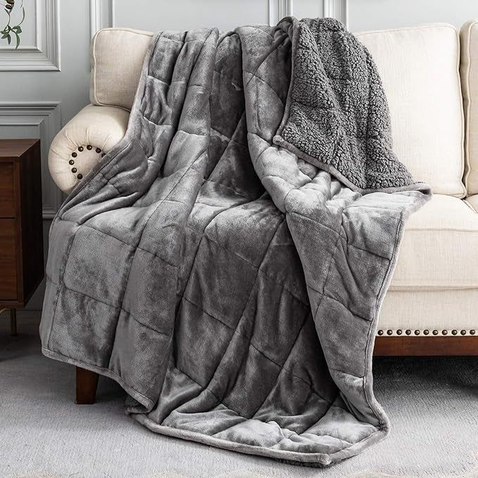 The grey weighted blanket spread across a couch