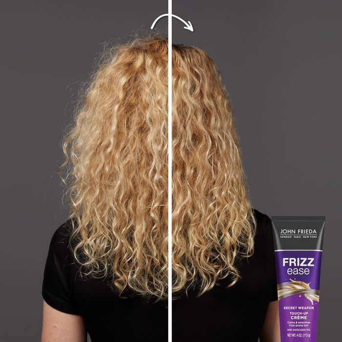 Back view of a model's hair showing half frizzy hair on the left and hair treated with John Frieda Frizz Ease product visible on the right