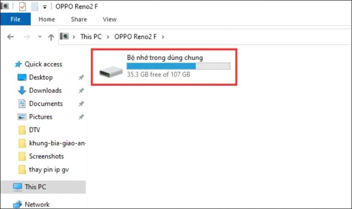 Chọn vào mục Bộ nhớ dùng chung
