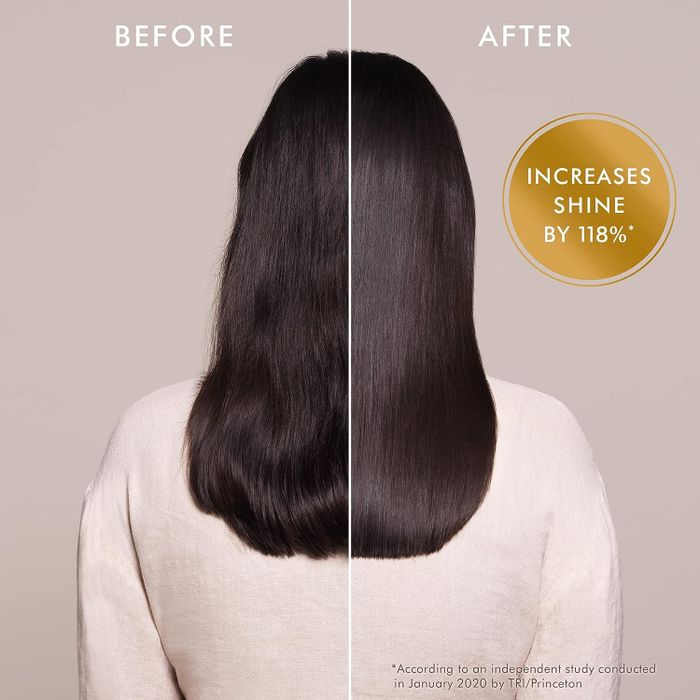 Before and after image showcasing the results of using the argan oil treatment on hair.