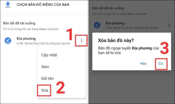 Vào phần Bản đồ ngoại tuyến và chọn Xóa để giải phóng không gian lưu trữ.