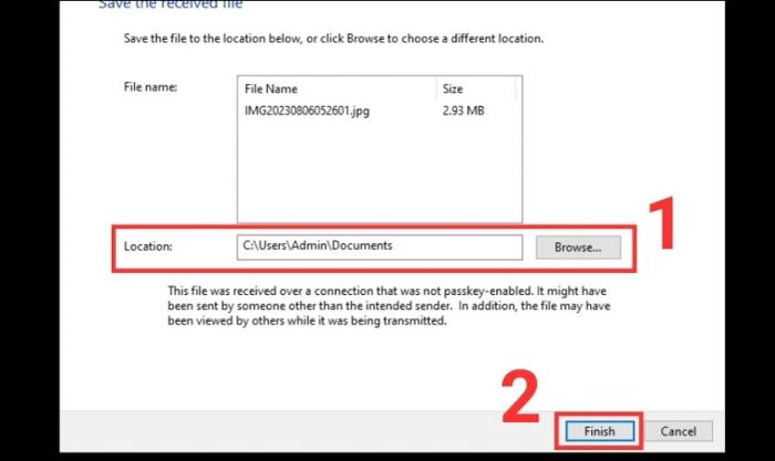 Chọn Finish để kết thúc quá trình gửi tệp sang máy tính