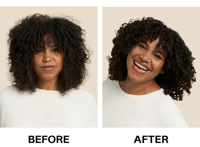 The model's curly brown hair before and after using the product, while wearing a white top.