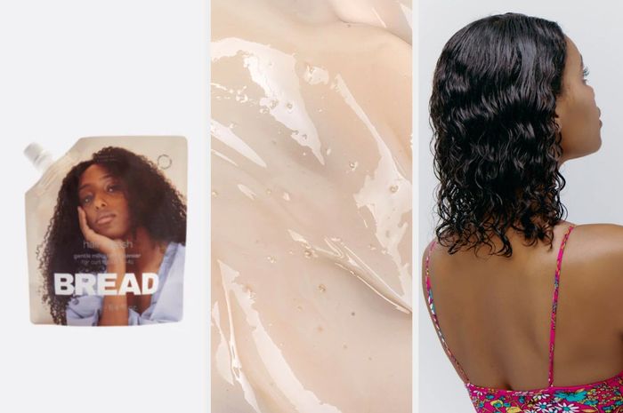 A bottle with a white pump and a model with curly brown hair, featuring the label that reads.