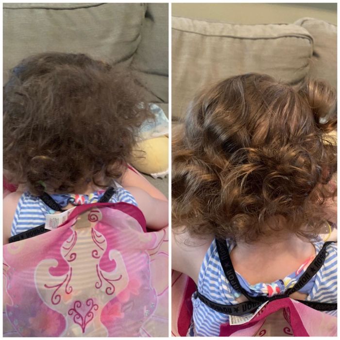 A reviewer's before-and-after photos: the first image shows their child's curly hair before using the spray, while the second reveals glossy, well-defined curls after application.