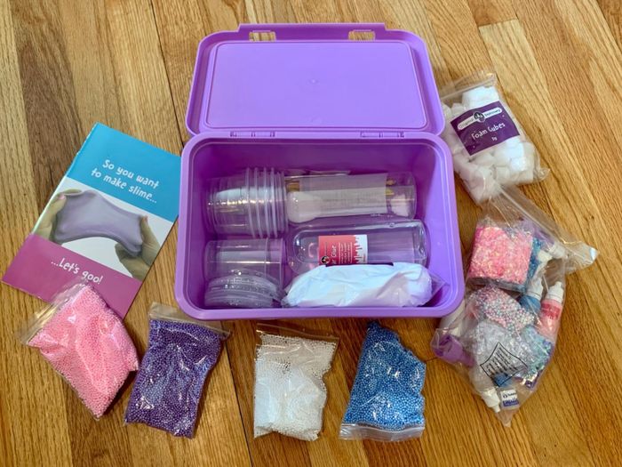 A unicorn slime kit complete with glitter and foam beads
