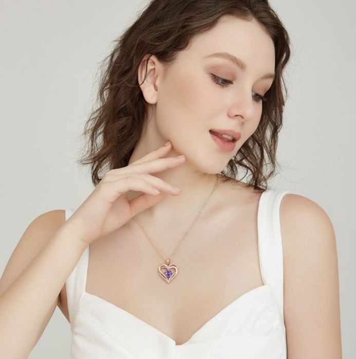 Model showcasing the purple amethyst necklace