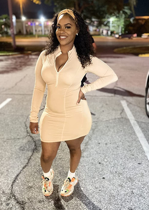 a reviewer rocking the same dress in khaki