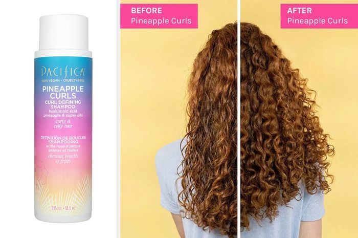 Ombre bottle of curl shampoo featuring blue, purple, pink, orange, and yellow hues, set against a white backdrop. The model's brown curly hair is shown before and after using the product on a yellow background.